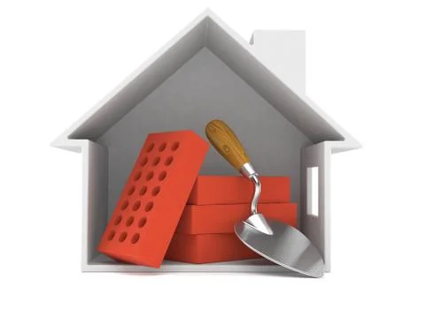 Trowel and bricks inside house cross-section Stock Illustration