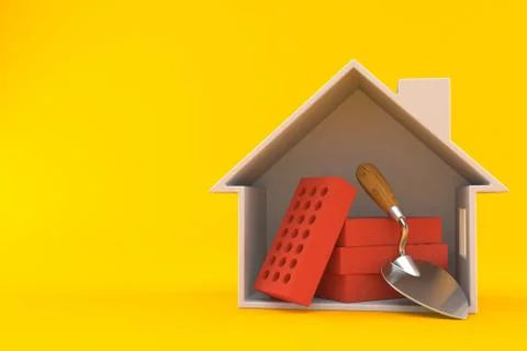Trowel and bricks inside house cross-section Stock Illustration