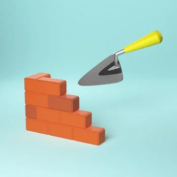 Trowel and bricks wall 3d render. Work place. Stock Illustration