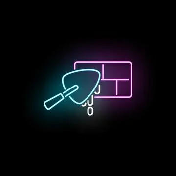Trowel applying mortar to brick wall neon icon Stock Illustration