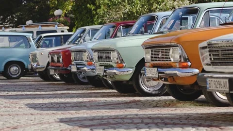Troyan, Bulgaria - 27 09 2025: Vintage Soviet Automobiles Lada and Moskvich Stock Footage 320163853
