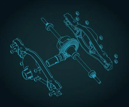 Truck axle and differential exploded view isometric blueprint Stock Illustration
