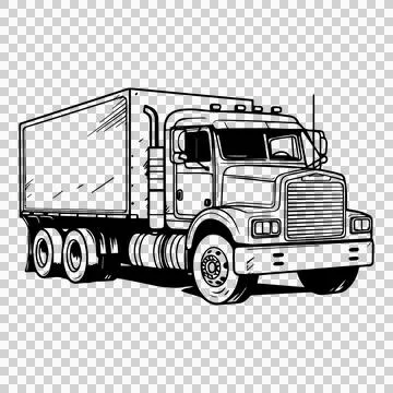 Truck Box Side View Line Drawing stationary wheels exhaust Stock Illustration