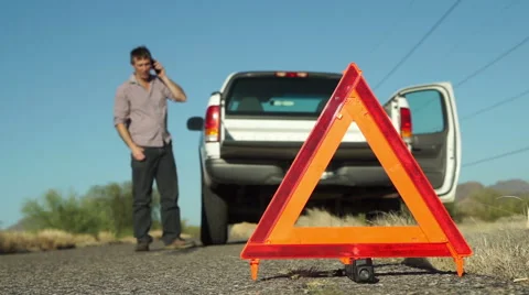 Truck Broken Down Emergency Triangle Man on Phone Stock Footage 63133655