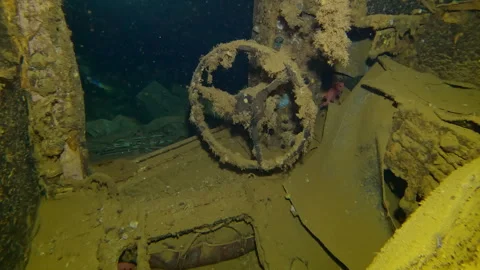 In truck cab lying on its side inside hold of wreck Salem Express ferry Stock Footage 327558913