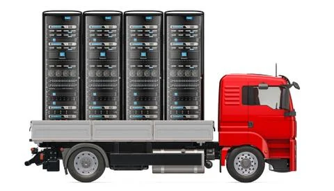 Truck with computer server racks, delivery concept. 3D rendering Stock-Illustration