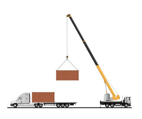 Truck crane. The process of unloading a container truck. Stock Illustration
