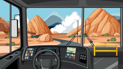 Truck Dashboard View Driving Through Desert Mountain Landscape Illustration Stock Illustration