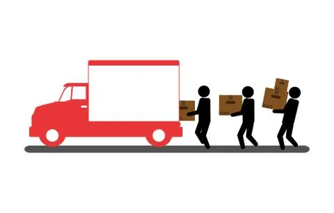 Truck with delivery workers lifting boxes 库存插图
