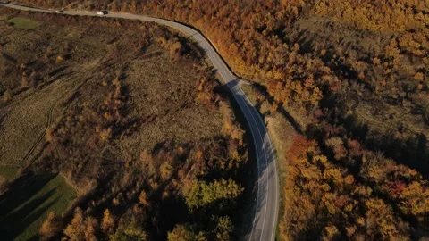 Truck drive transport on the road aerial drone top view in autumn day Stock Footage