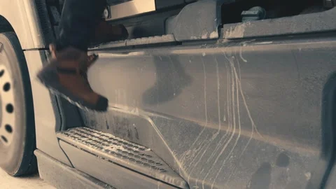 Truck driver climbing down from cabin 스톡 동영상 346971935
