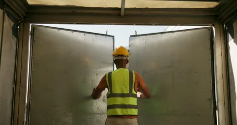 Truck driver, door and open for delivery in logistics, supply chain and Stock Footage 270733084