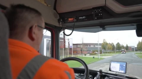 Truck Driver POV Cab Interior Driving Through Industrial Estate Stock Footage 347064131