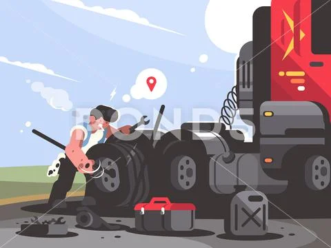 Truck driver is repairing car Stock Illustrationen
