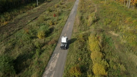 Truck driver without cargo is driving on road through a picturesque forest area Video stock 196505222