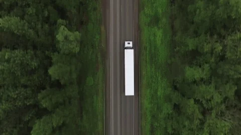 Truck driving on freeway in dense forest at summer nasty day - Aerial view Vidéo gratuite 81164282