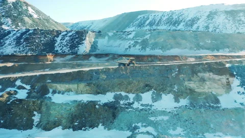 A truck is driving through the copper mine deposit. Industrial quarry, heavy Stock Footage 256418360