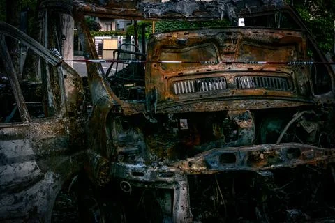 Truck exploded. Carcass on fire. Stock Photos