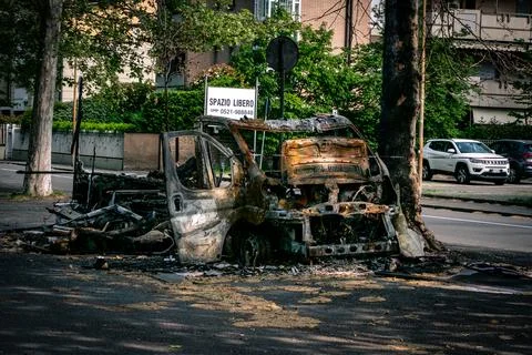 Truck exploded. Carcass on fire. Stock Photos