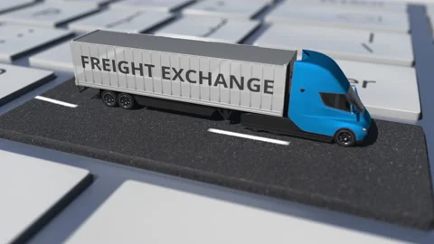 Truck with FREIGHT EXCHANGE text on the computer keyboard, conceptual looping 3d Video stock 148301384