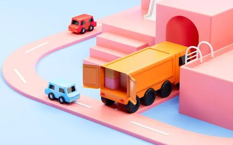 Truck full of the boxes roll into pink tunnel, 3d rendering. Stock Illustration