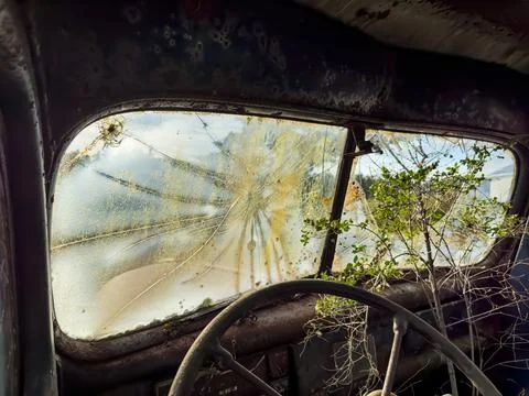 Truck Interior With Broken Windshield Stock Photos