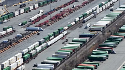 Truck Left Aerial Over Amazon Prime and SWIFT Trailers, Jersey City Vídeo Stock 344597130