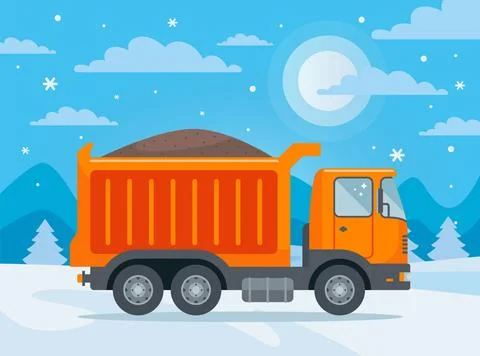 Truck with sand in winter. Loading bulk materials. Stock Illustration