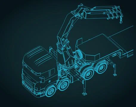 Truck with self loader mounted crane and semi-trailer isometric blueprint Stock Illustration