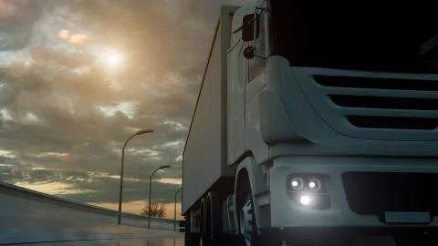 Truck speeding on the highway, low-angle shot. Transportation, shipping indus Stock Illustration