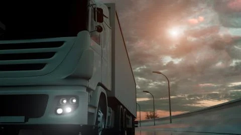 Truck speeding on the highway, low-angle shot. Transportation, shipping indus Stock Illustration