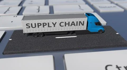 Truck with SUPPLY CHAIN text on the computer keyboard, conceptual 3d rendering Stock Illustration