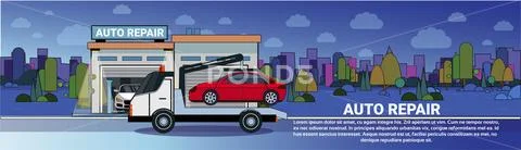 Truck Towing Car To Auto Repait Garage At Night Horizontal Banner With Copy Stock Illustration