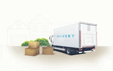 Truck transporting goods packed in boxes from warehouse to home. Delivery cargo Stock Illustration