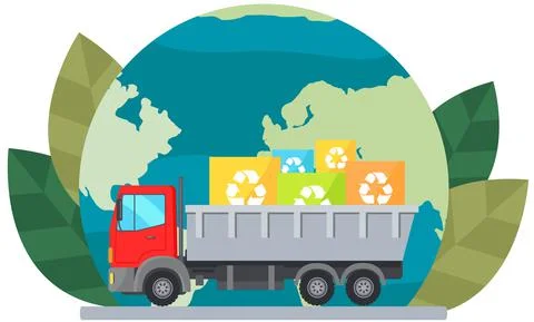 Truck transporting recycled objects in containers. Car with garbage on Illustrazione stock