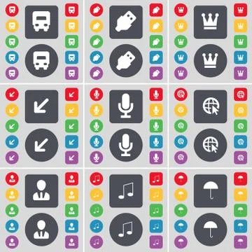 Truck, USB, Crown, Deploying screen, Microphone, Web cursor, Avatar, Note, Umbre Illustrazione stock