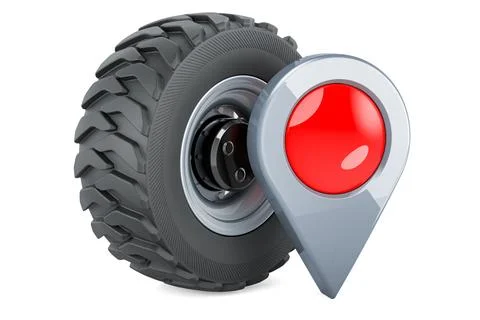 Truck Wheel with map pointer. 3D rendering Illustrazione stock