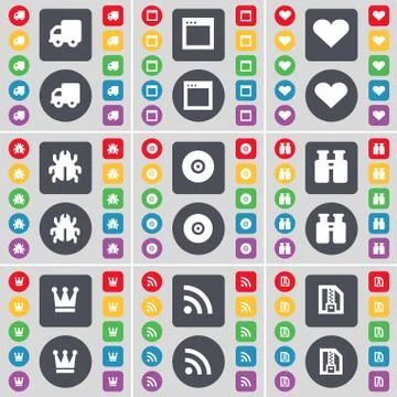 Truck, Window, Heart, Bug, Disk, Binoculars, Crown, RSS, ZIP file icon symbol. A Stockillustratie