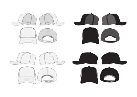 Trucker Cap Mesh Cap Template Illustration Black and White Trucker Hat Set Stock Illustration