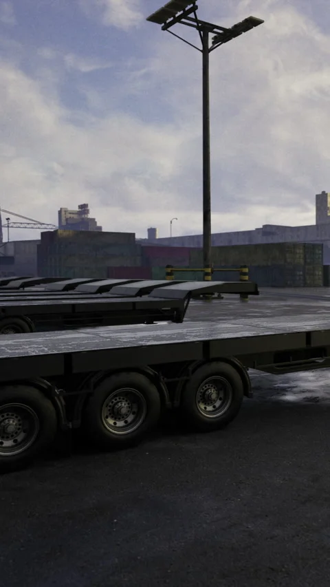 Trucks and containers are parked at a loading area in a busy port Stock Footage 331681105