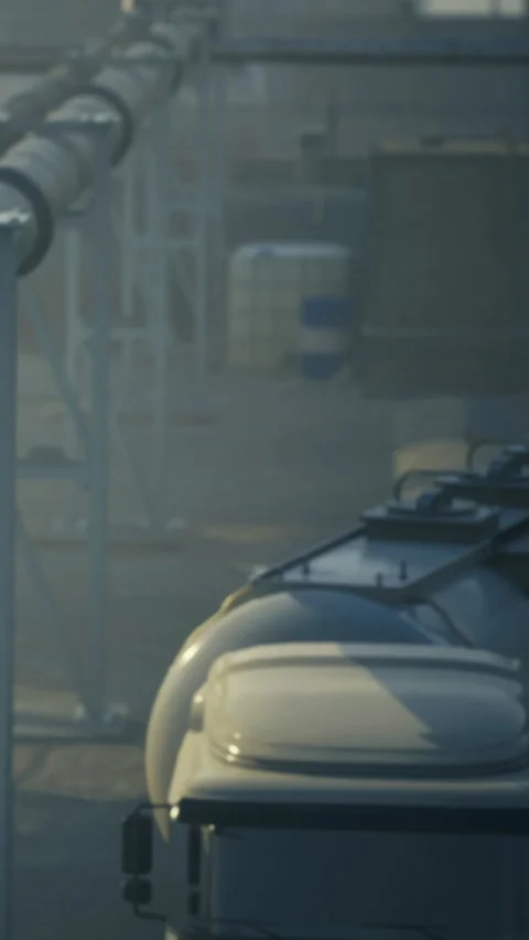 Trucks and industrial equipment at a loading dock in morning light Stock Footage 337001057