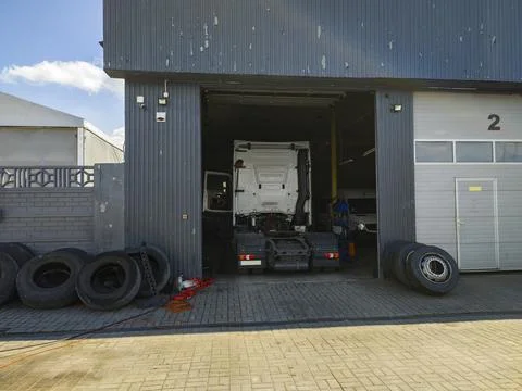 Trucks are being repaired in a workshop Stock Photos