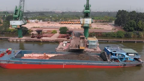 Trucks are loading a ship in the port. Stock Footage 117923158