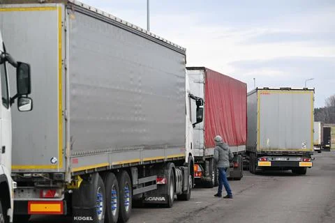 Trucks continue to wait in long queues to leave Poland for Ukraine, Korczowa - 2 스톡 사진