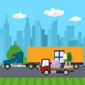Trucks Drive on the Road 스톡 일러스트