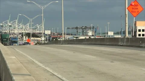 Trucks leaving the port Video stock 10723602