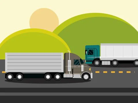 Trucks moving on asphalt road the green fields in rural landscape Stock Illustration