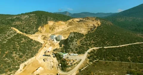 Trucks Parked In Front of the Stone Pit, 4k Aerial View Stock Footage 146126817