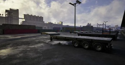 Trucks parked in a shipping yard during early morning light Stock Illustration