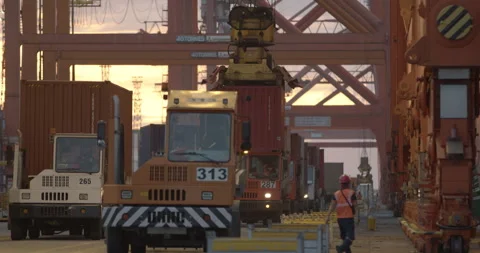 Trucks Perfectly Lined Up Waiting In Queue To Get The Shipping Containers Video stock 332622512